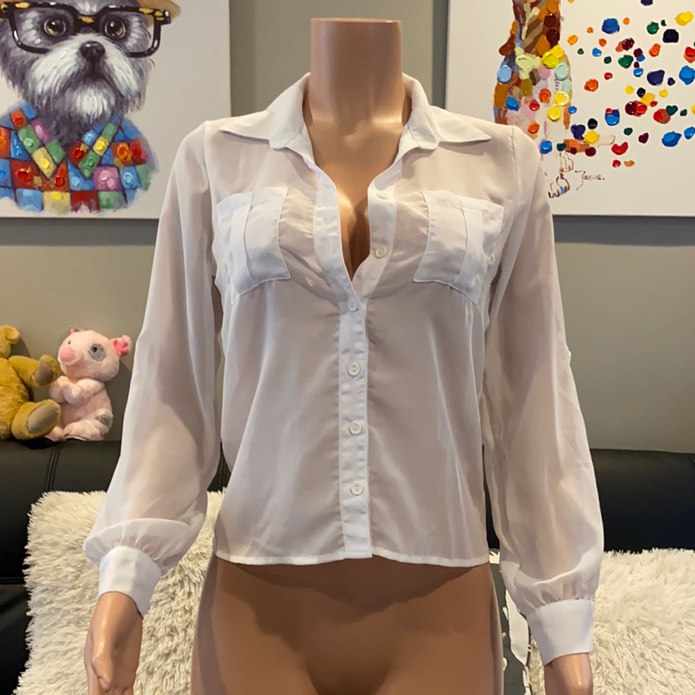 Express White Chiffon Sheer Button Down Blouse Long Sleeve Top Small